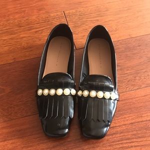 Zara, size 40, black patent pearl fringe flats